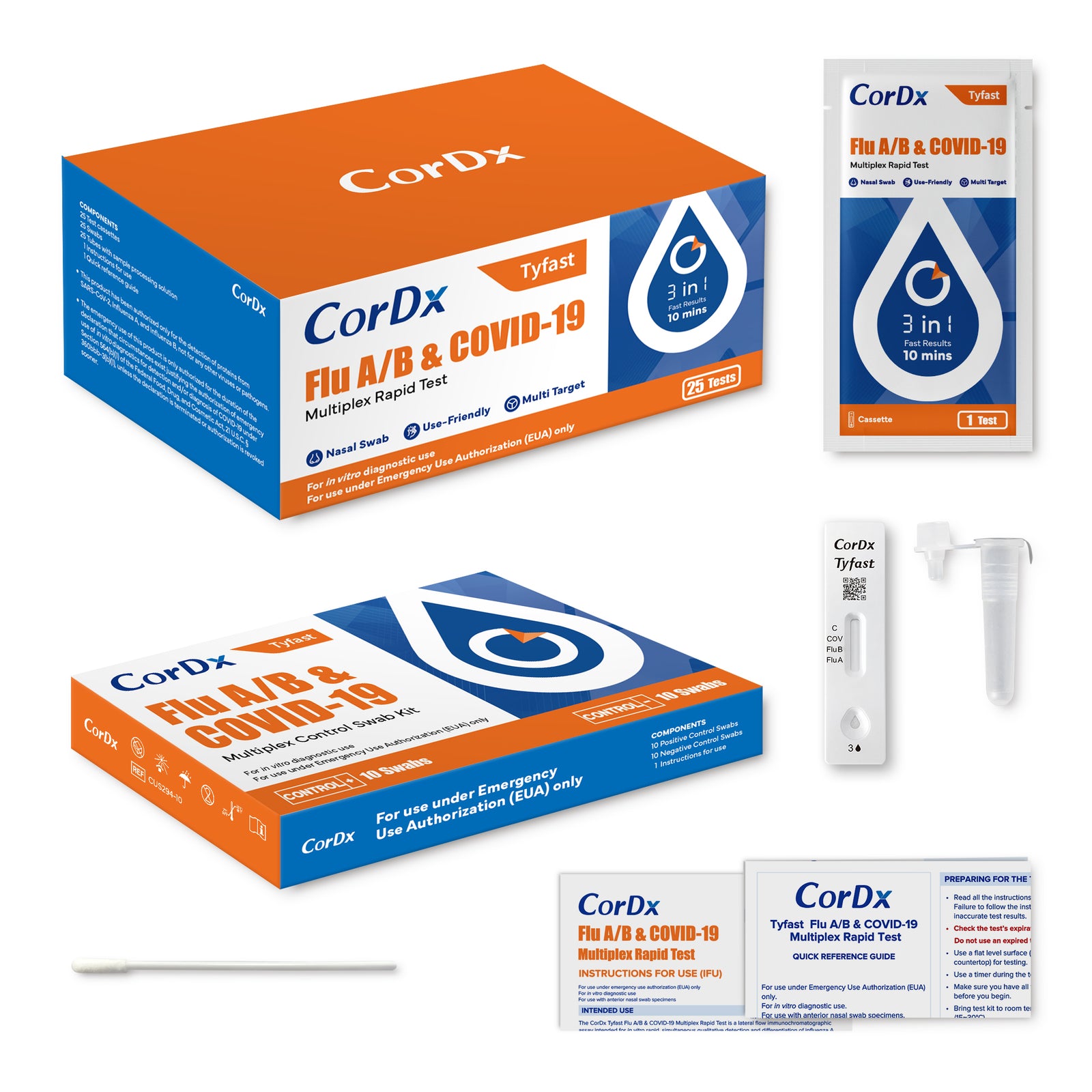 CorDx Tyfast Flu A/B & COVID-19 Multiplex Rapid Test, Professional Use, 25 Tests(POC)