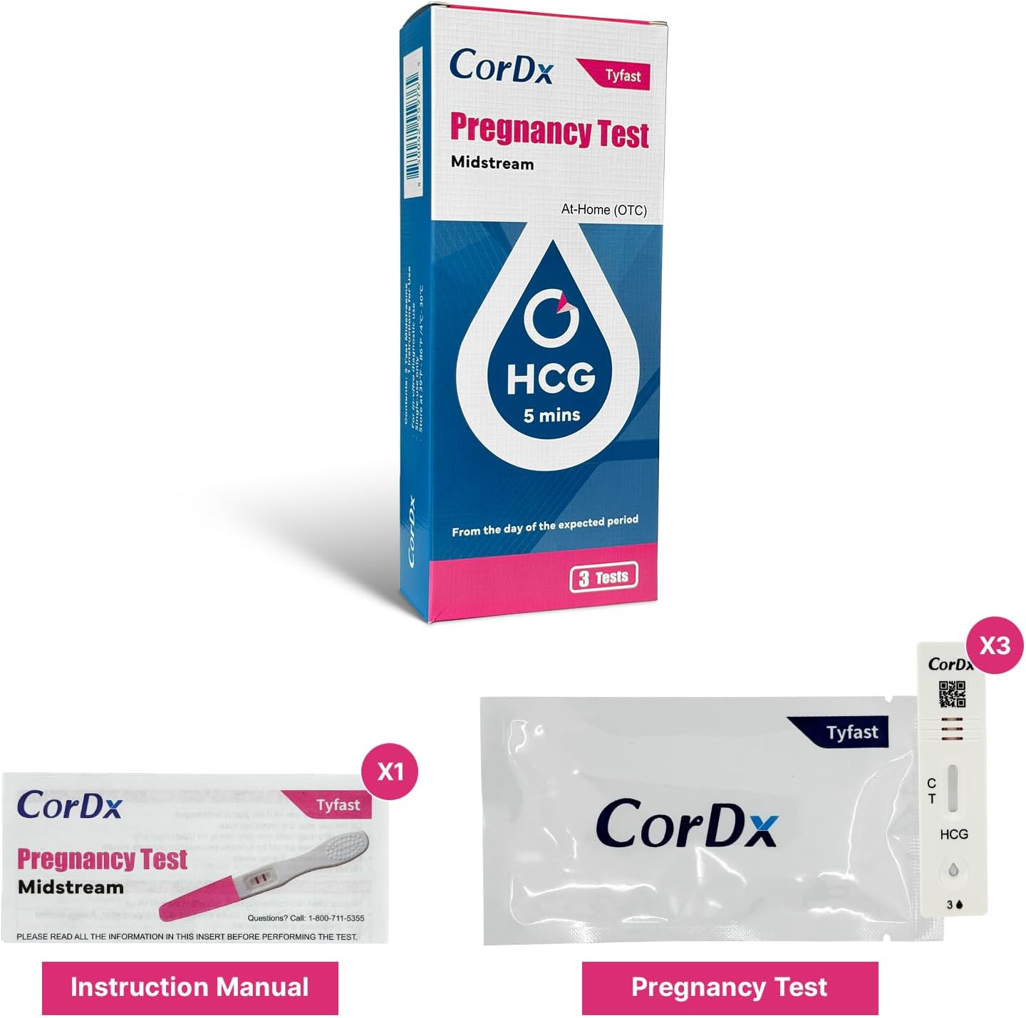 CorDx One Step hCG Pregnancy Test Midstream 3 Pack