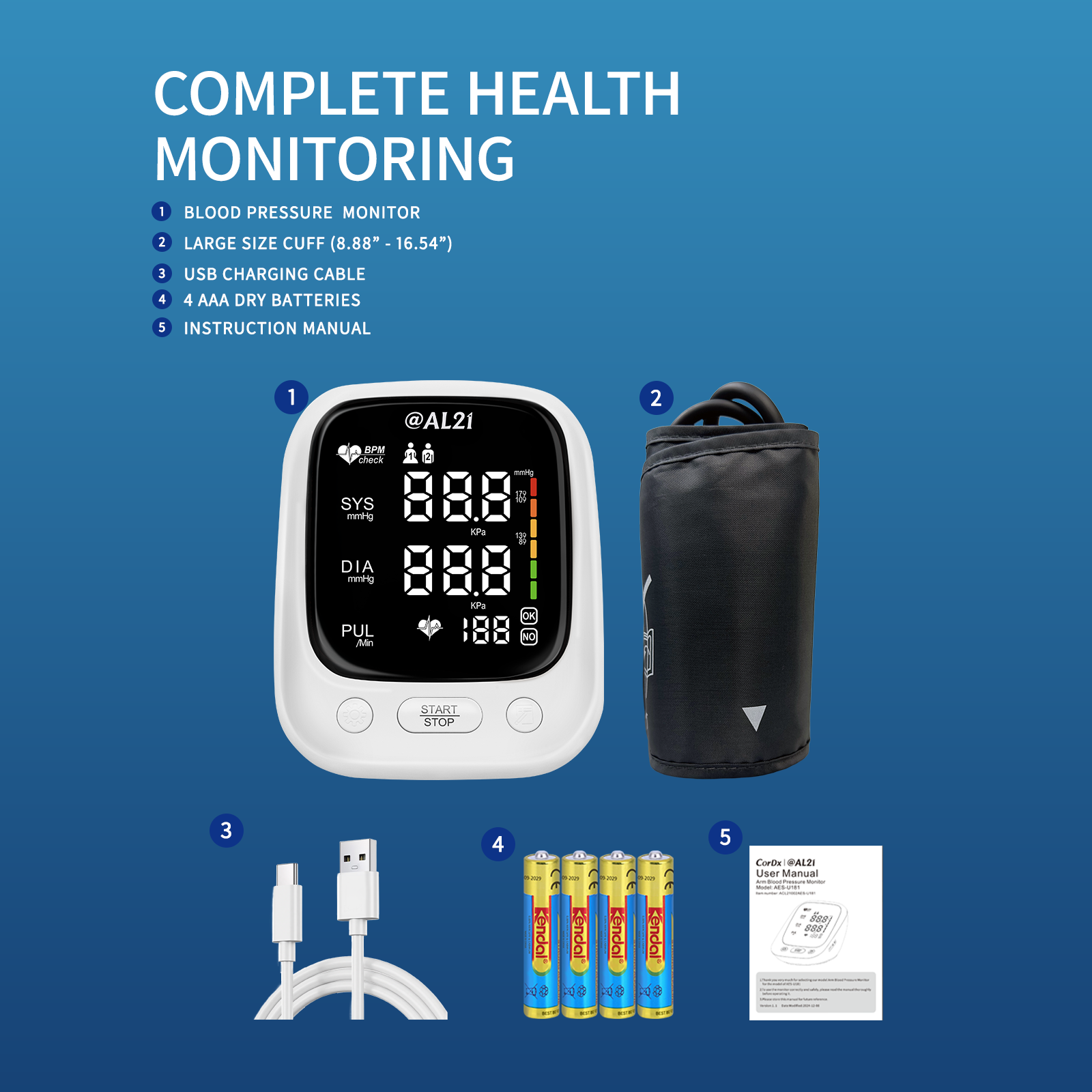 @AL21 Blood Pressure Monitor for Home Use – LED Display, Irregular Heartbeat Detection, Extra-Wide Adjustable Cuff, 2-User Memory