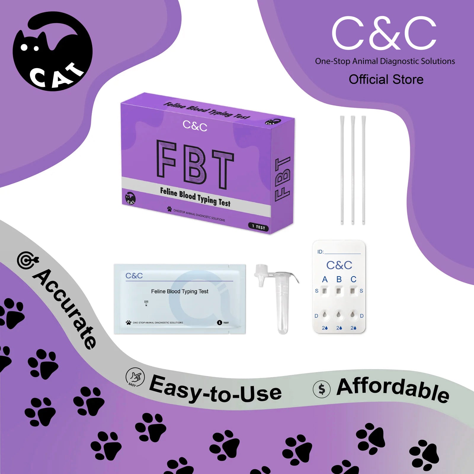 C&C Feline Blood Typing Test (1 Test Kit) – Quick, Accurate, Easy